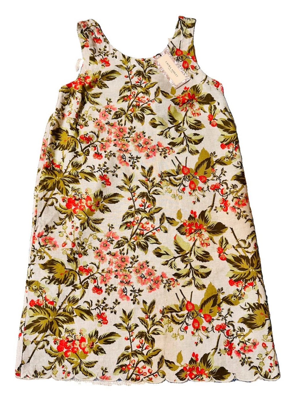 NWT Laura Ashley Mini Shift Dress Raspberries XS Scalloped Hem Romance Linen Bld